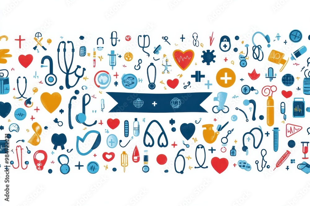 Naklejka premium Colorful healthcare iconography featuring medical tools and symbols in a horizontal layout