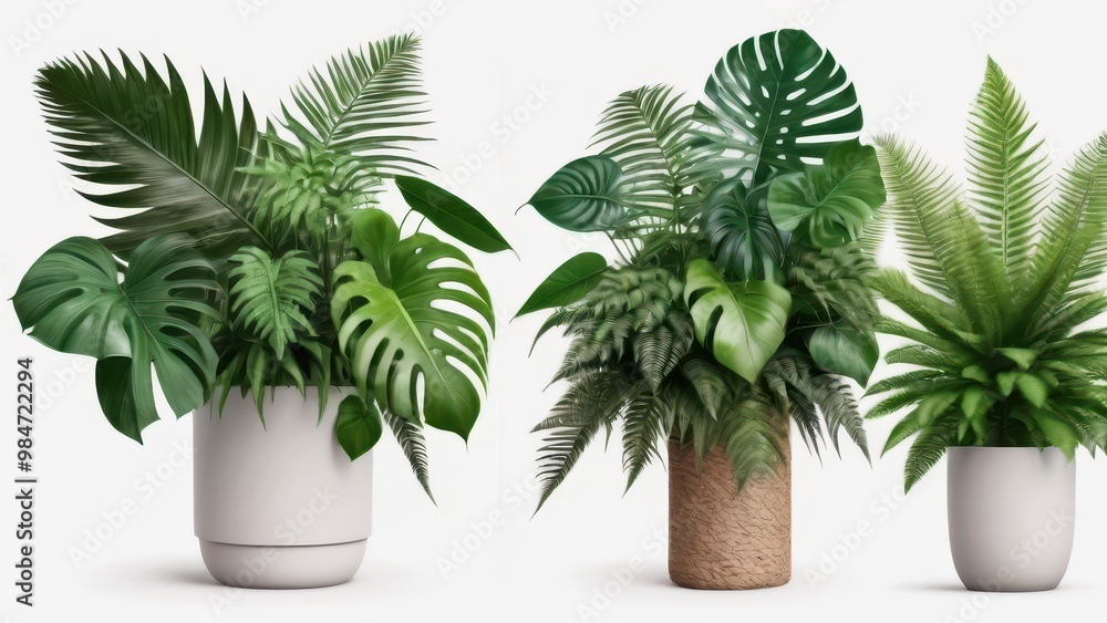 A collection of lush green potted plants showcasing various tropical foliage for decorative purposes. A collection of lush green potted plants showcasing various tropical foliage for decorative purposes.