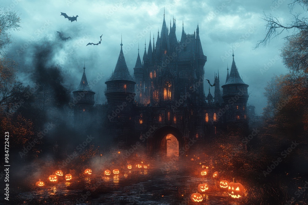 Dark and eerie fairytale castle surrounded by glowing jack-o'-lanterns and flying bats in a mystical Halloween night scene Dark and eerie fairytale castle surrounded by glowing jack-o'-lanterns and flying bats in a mystical Halloween night scene