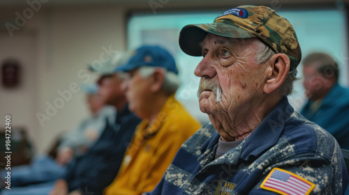 A veteran attending a Social Security benefits seminar, with a presentation tailored to veterans' needs, surrounded by fellow servicemembers in a community center photo