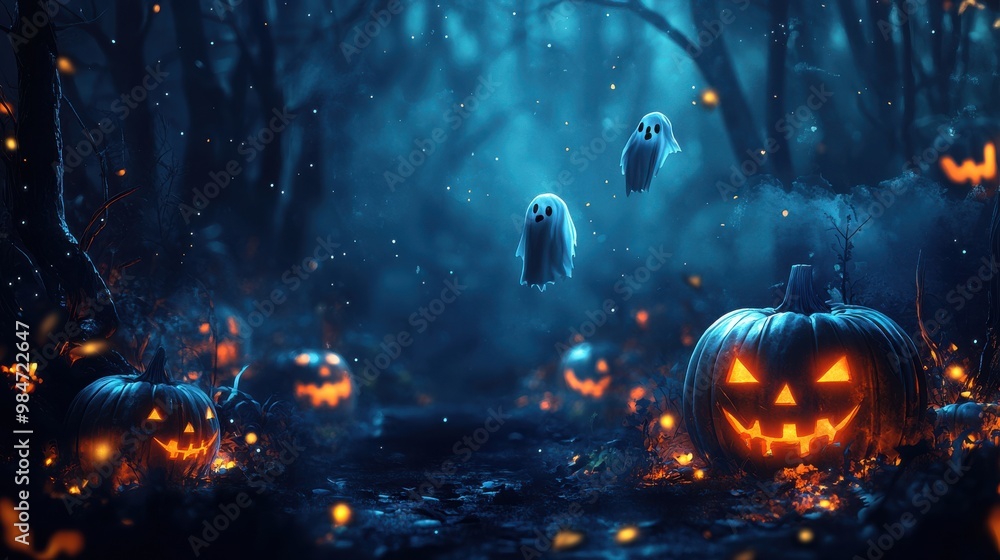 Spooky Halloween scene with glowing jack-o'-lanterns and floating ghosts in a dark, enchanted forest Spooky Halloween scene with glowing jack-o'-lanterns and floating ghosts in a dark, enchanted forest