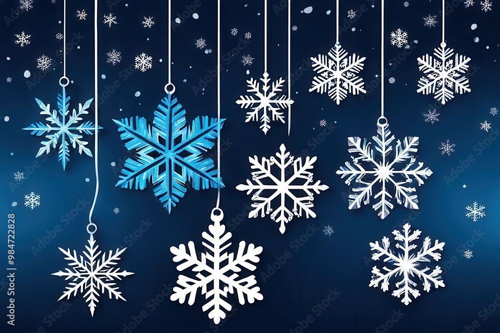 A collection of hanging snowflakes in various designs against a blue background, evoking a winter theme. A collection of hanging snowflakes in various designs against a blue background, evoking a winter theme.