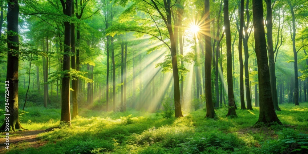 Fototapeta premium Sunlight filtering through the lush green forest, creating a magical and peaceful atmosphere , fantasy, world, green, forest