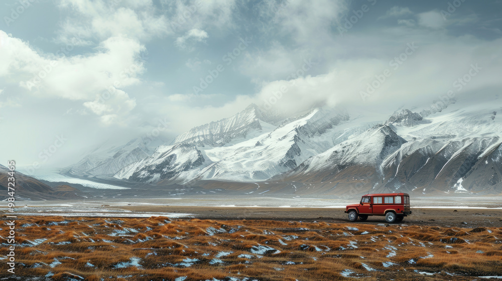 A truck parked on a windswept plateau, surrounded by snow-capped mountains and vast, open spaces, showcasing the vehicle's capability in remote, high-altitude environments A truck parked on a windswept plateau, surrounded by snow-capped mountains and vast, open spaces, showcasing the vehicle's capability in remote, high-altitude environments