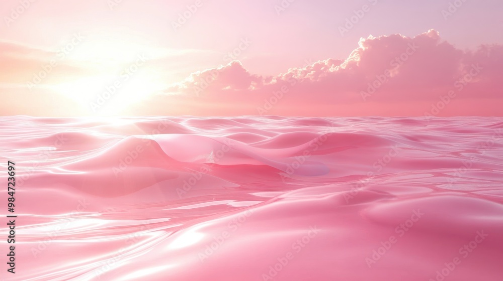 Serene pink horizon with glowing clouds reflecting over gentle waves at sunrise in a tranquil ocean landscape Serene pink horizon with glowing clouds reflecting over gentle waves at sunrise in a tranquil ocean landscape