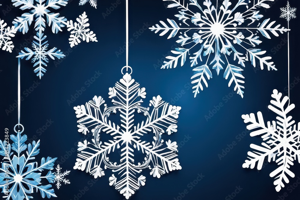 A collection of intricate snowflake designs suspended against a dark blue background, evoking winter themes. A collection of intricate snowflake designs suspended against a dark blue background, evoking winter themes.