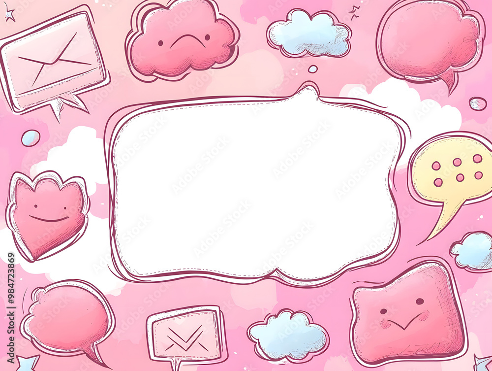 Hand-drawn Speech Bubbles and Hearts on a Blue Background Hand-drawn Speech Bubbles and Hearts on a Blue Background