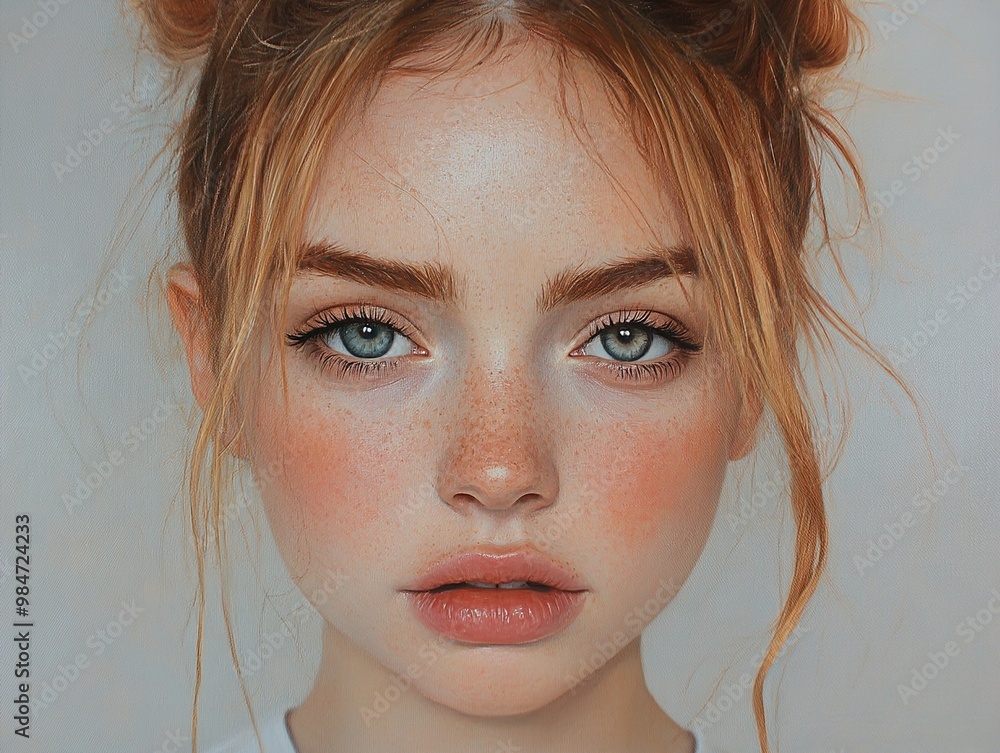 Close-up Portrait of a Young Woman with Blue Eyes and Freckles Close-up Portrait of a Young Woman with Blue Eyes and Freckles