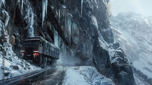 A truck navigating a steep, icy mountain pass during a freezing rain, with the road slick and treacherous, and icicles hanging from the rocks above photo