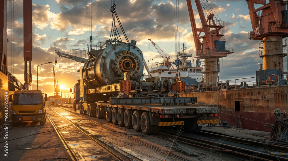 A truck loading a large piece of industrial equipment onto a ship at a dock, with cranes lifting cargo in the background, showcasing the global movement of heavy machinery