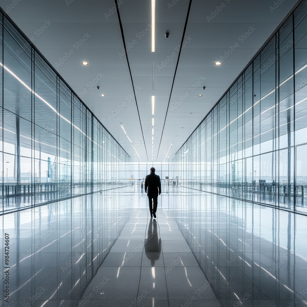 Solitary Figure in Expansive Modern Glass Corridor Solitary Figure in Expansive Modern Glass Corridor