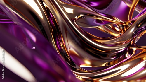 Abstract background with liquid metal texture. Contemporary metallic golden and purple dynamic backdrop