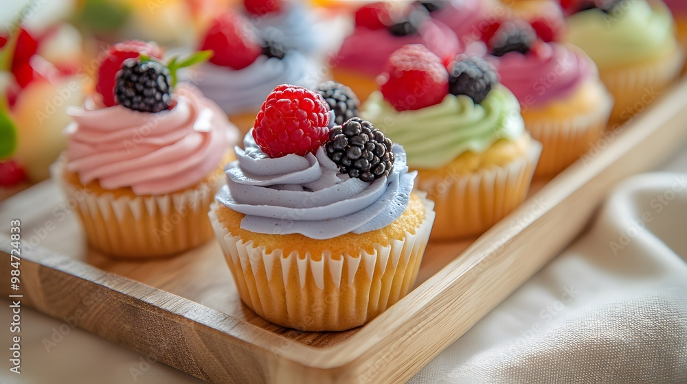 Cupcakes and mini tarts with berries on the table, a wedding daytime scene, a wedding party table, an event in an elegant restaurant, natural light Cupcakes and mini tarts with berries on the table, a wedding daytime scene, a wedding party table, an event in an elegant restaurant, natural light