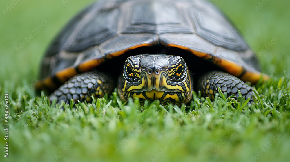 Obraz premium Closeup of a turtle resting on green grass, vibrant wildlife, turtle close-up view, reptile portrait, nature concept
