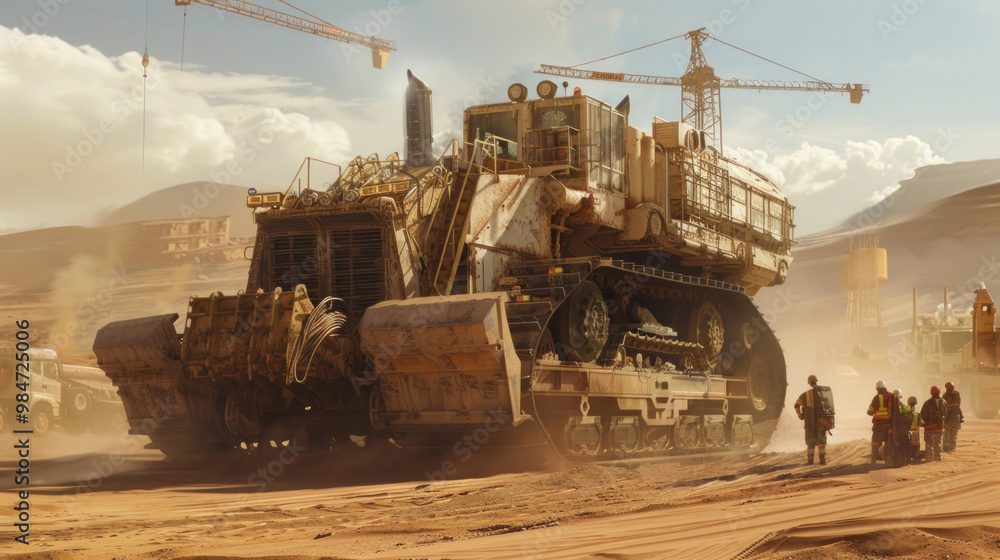 A truck hauling a massive bulldozer along a dusty road, with construction workers guiding the load, and cranes visible in the background, emphasizing the scale of the operation A truck hauling a massive bulldozer along a dusty road, with construction workers guiding the load, and cranes visible in the background, emphasizing the scale of the operation
