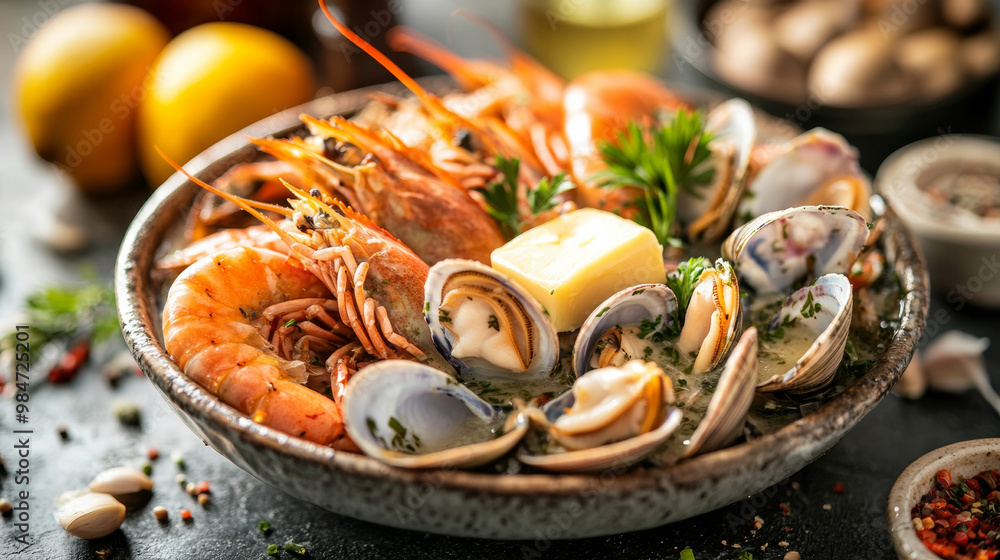 Seafood clams, shrimp, mussels and lemon with parsley fresh ingredients, delicious seafood concept Seafood clams, shrimp, mussels and lemon with parsley fresh ingredients, delicious seafood concept