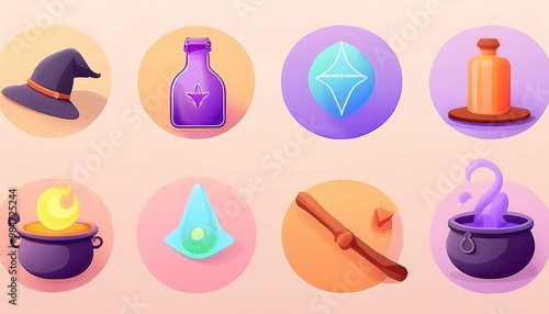 halloween magical icon set with witchy elements such as a bubbling cauldron, crystal ball, broomstick, spell book, potion bottle, and a pentagram.