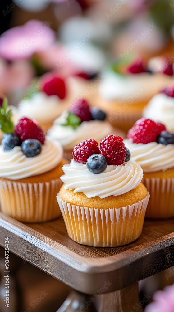 Cupcakes and mini tarts with berries on the table, a wedding daytime scene, a wedding party table, an event in an elegant restaurant, natural light Cupcakes and mini tarts with berries on the table, a wedding daytime scene, a wedding party table, an event in an elegant restaurant, natural light