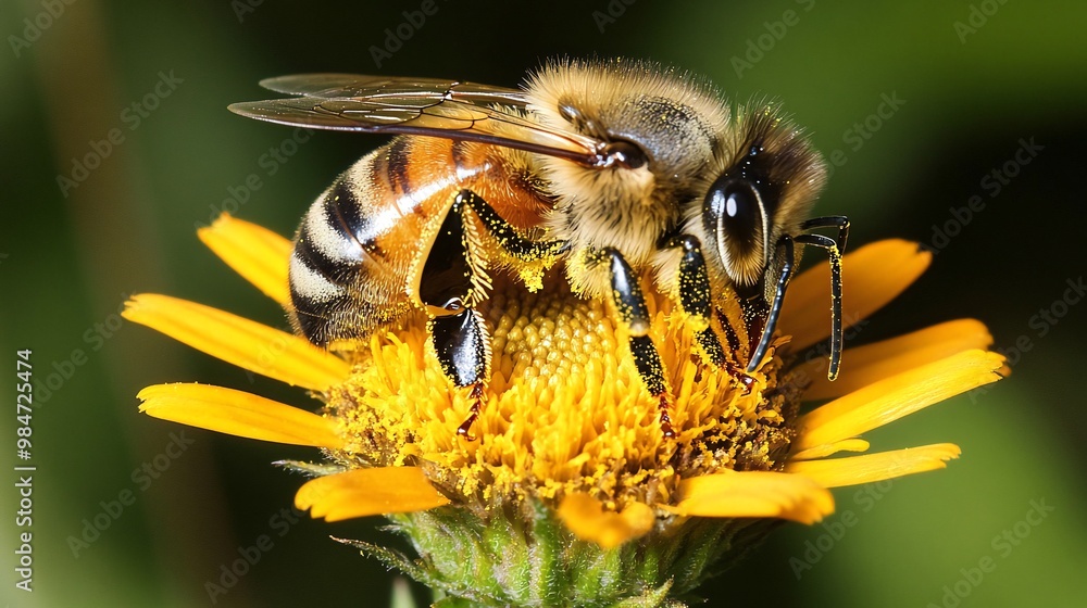 A close-up of a honeybee collecting pollen from a yellow flower. A close-up of a honeybee collecting pollen from a yellow flower.