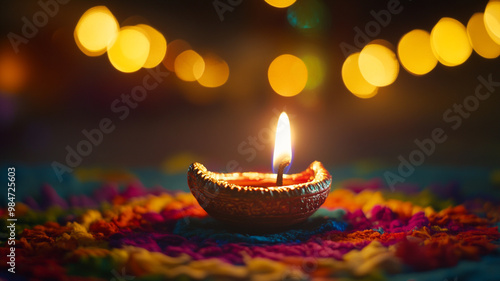 A lit diya surrounded by vibrant flowers during Diwali celebrations in India