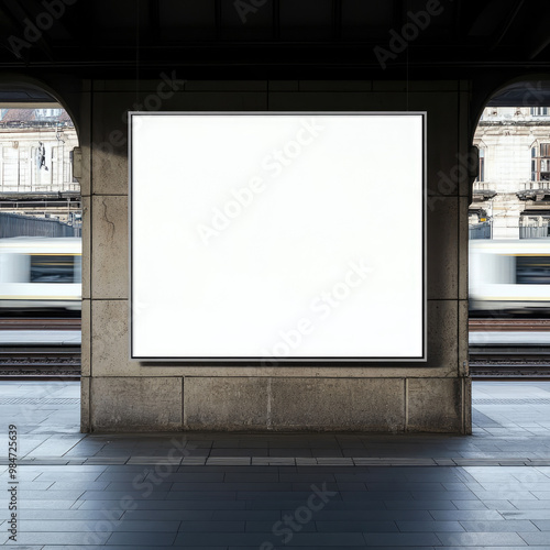 Blank square canvas poster billboard at a railway station wall , advertising, marketing, mockup, blank, canvas, poster