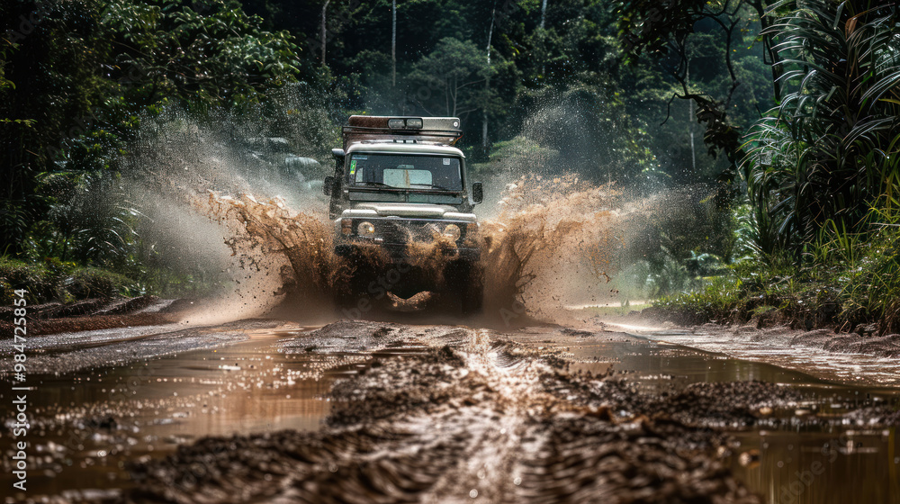 A truck crossing a muddy river during an off-road adventure, with water splashing high around the wheels and dense forest lining the banks, capturing the thrill of the journey A truck crossing a muddy river during an off-road adventure, with water splashing high around the wheels and dense forest lining the banks, capturing the thrill of the journey
