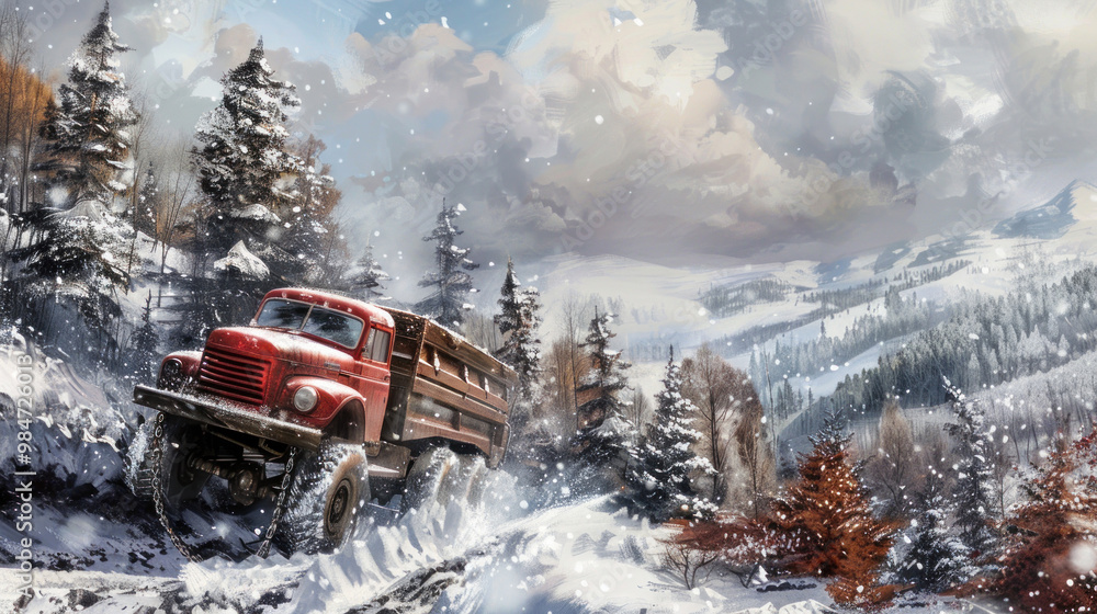 A truck climbing a steep, snowy hill with chains on the tires, surrounded by a forest of snow-covered trees and a cloudy winter sky above A truck climbing a steep, snowy hill with chains on the tires, surrounded by a forest of snow-covered trees and a cloudy winter sky above