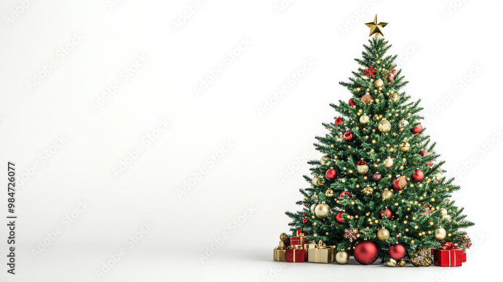 Christmas tree decorated with red, gold ornaments, star topper with presents underneath, isolated on white background, festive holiday concept Christmas tree decorated with red, gold ornaments, star topper with presents underneath, isolated on white background, festive holiday concept
