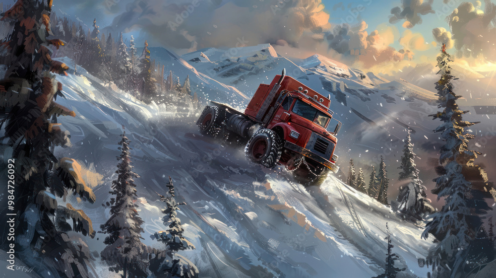 A truck climbing a steep, snowy hill with chains on the tires, surrounded by a forest of snow-covered trees and a cloudy winter sky above A truck climbing a steep, snowy hill with chains on the tires, surrounded by a forest of snow-covered trees and a cloudy winter sky above