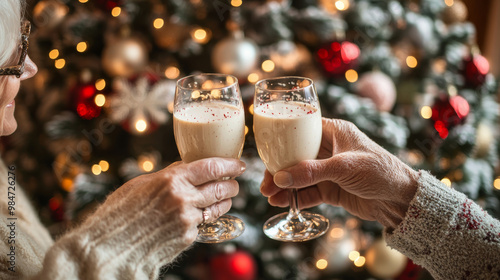 Festive toast, elderly couple holding glasses with holiday eggnog, Christmas tree lights and ornaments in background, celebrating Christmas concept photo