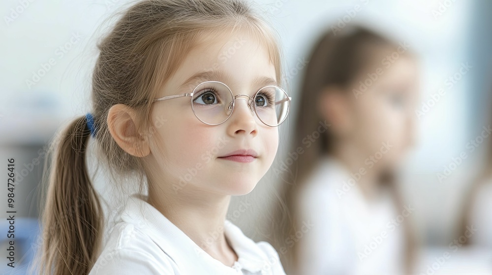 Charming Portrait of a Young Girl Wearing Glasses, Smiling Joyfully Against a Soft Background, Capturing Innocence and Curiosity in Childhood Charming Portrait of a Young Girl Wearing Glasses, Smiling Joyfully Against a Soft Background, Capturing Innocence and Curiosity in Childhood