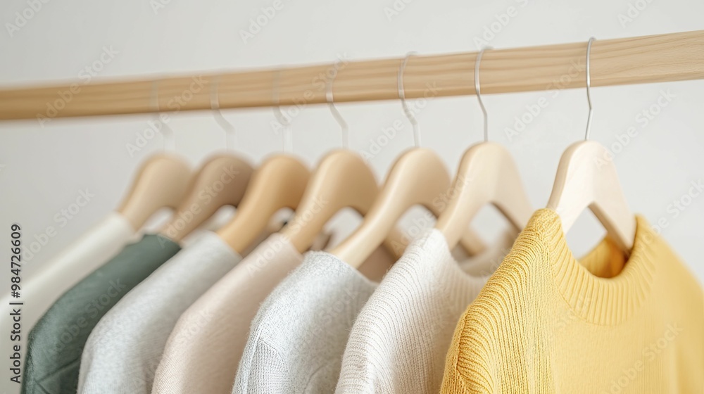 Colorful Clothing Displayed on Wooden Hangers, Showcasing Textures and Styles in a Welcoming, Organized Fashion Setting for Visual Inspiration