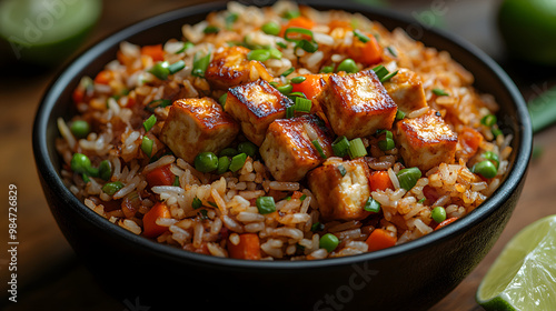 A delicious bowl of fried rice with tofu, peas, and colorful vegetables, garnished with fresh herbs and lime. Perfect for any meal.