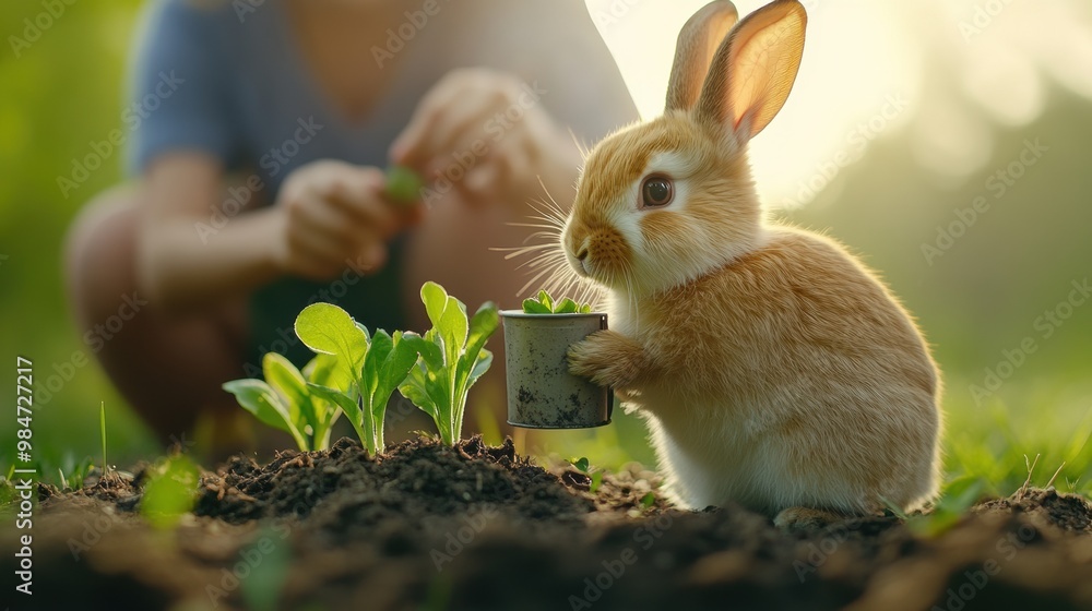 Fototapeta premium A person holding a small rabbit in their hand while it is eating, AI