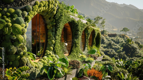 A sustainable lifestyle where homes are grown from seeds, with walls made of living trees that continue to grow and change throughout the years photo