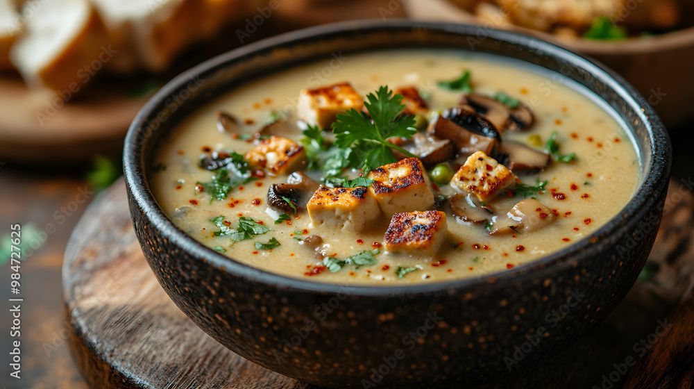 A vibrant bowl of creamy mushroom soup, garnished with herbs and golden tofu, perfect for a comforting meal. A vibrant bowl of creamy mushroom soup, garnished with herbs and golden tofu, perfect for a comforting meal.