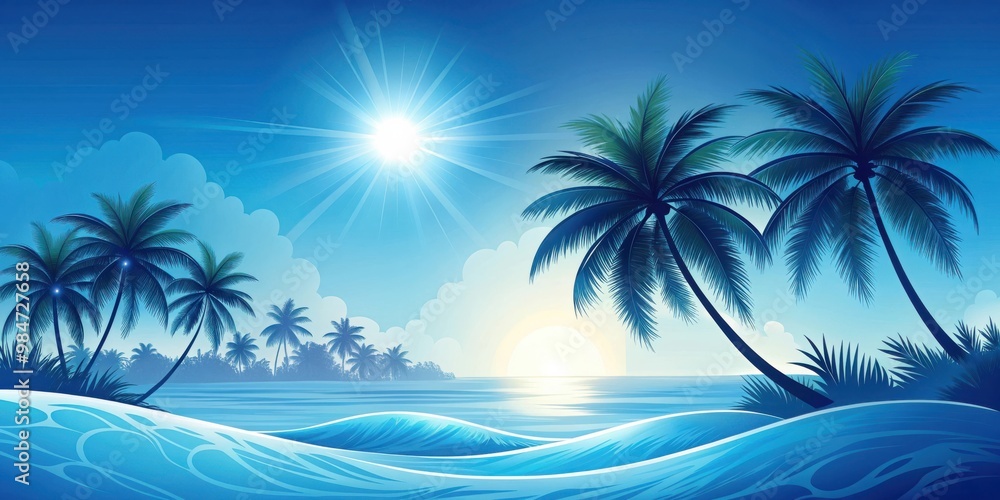 Blue of summer vibes with palm trees, waves, and sun on wallpaper background, blue Blue of summer vibes with palm trees, waves, and sun on wallpaper background, blue