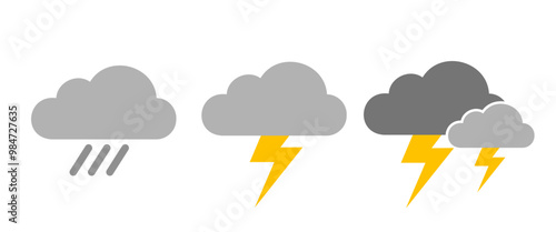 Isolate Rainy Weather vector icon set. Weather symbol for web. Forecast illustration in flat style. Pictogram Contain rain, Lightning, strom, vector stock (Editable)