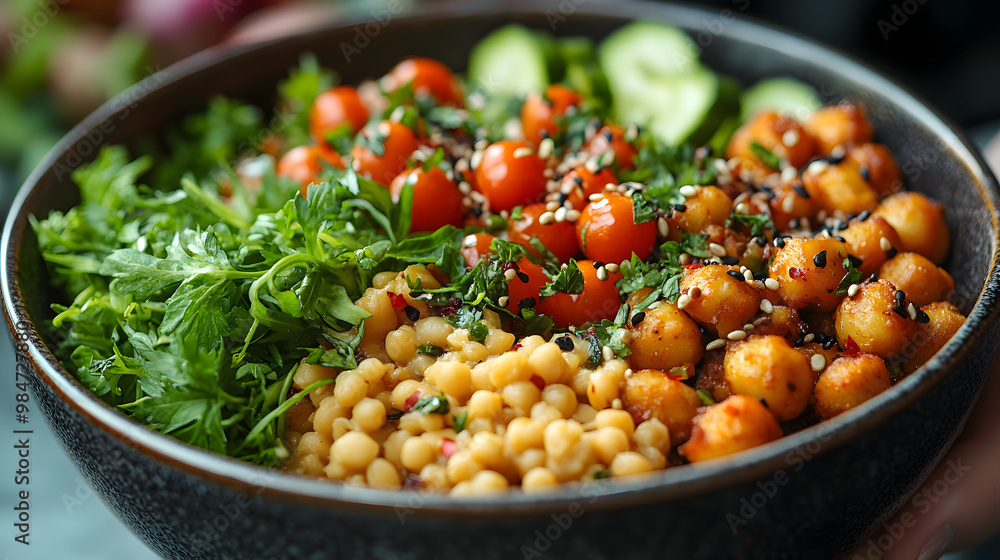 A vibrant bowl of fresh ingredients featuring greens, chickpeas, cherry tomatoes, and cucumbers, perfect for healthy eating. A vibrant bowl of fresh ingredients featuring greens, chickpeas, cherry tomatoes, and cucumbers, perfect for healthy eating.