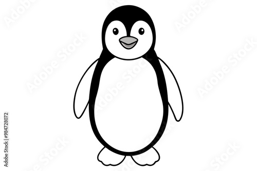 Black penguin silhouette, line art icon, vector illustration on white background.