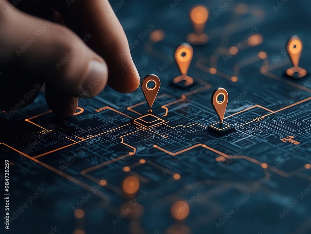Close-up of a person adjusting a position marker on a digital map with competitors and market segments, Market Positioning, Competitive Analysis Close-up of a person adjusting a position marker on a digital map with competitors and market segments, Market Positioning, Competitive Analysis