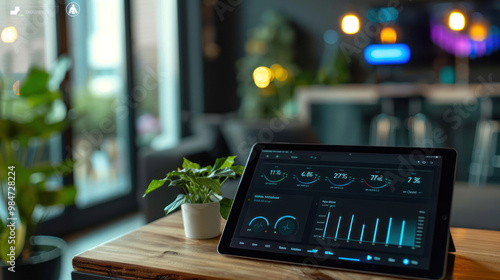 A smart home interface on a tablet showing energy usage statistics, with efficient lighting controls, demonstrating the benefits of monitoring and optimizing energy use photo