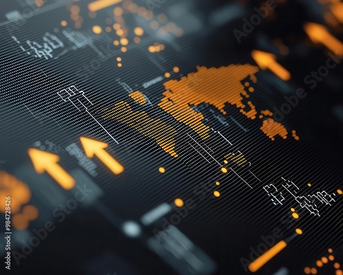 Abstract representation of a digital map with arrows pointing to untapped markets, Market Expansion, Strategic Analysis photo