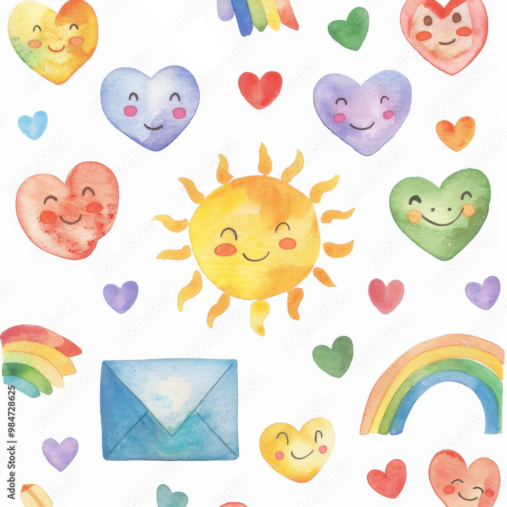 Positive colorful hearts and sun on children's background for wallpaper, printing, fabric. Positive colorful hearts and sun on children's background for wallpaper, printing, fabric.