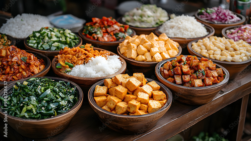 A vibrant display of colorful bowls filled with assorted vegetables, rice, tofu, and garnishes, ideal for culinary inspiration. A vibrant display of colorful bowls filled with assorted vegetables, rice, tofu, and garnishes, ideal for culinary inspiration.