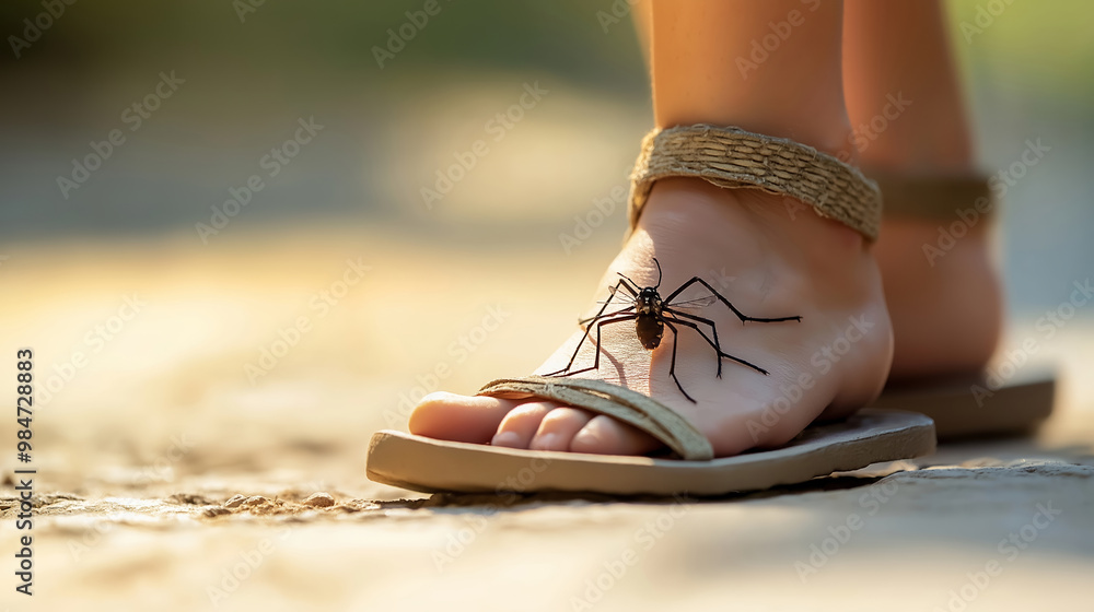Naklejka premium Close-up of a foot in a sandal with spider on toes, nature, summer, outdoors, wildlife concept