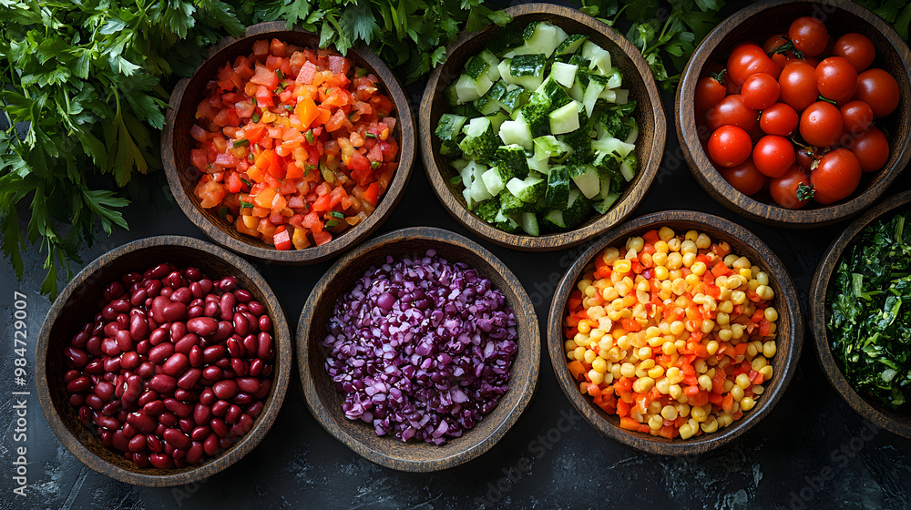 A vibrant display of fresh vegetables in wooden bowls, perfect for healthy cooking or salad preparation. A vibrant display of fresh vegetables in wooden bowls, perfect for healthy cooking or salad preparation.