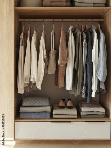 A wooden closet filled with clothes and shoes. The closet is packed with various types of clothing, including shirts, pants, and dresses. There are also several pairs of shoes, including sneakers