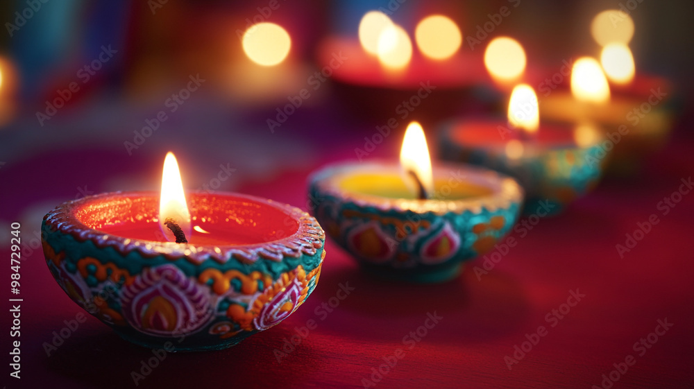 Colorful diya lamps lit during Diwali celebrations surrounded by flower petals at night Colorful diya lamps lit during Diwali celebrations surrounded by flower petals at night