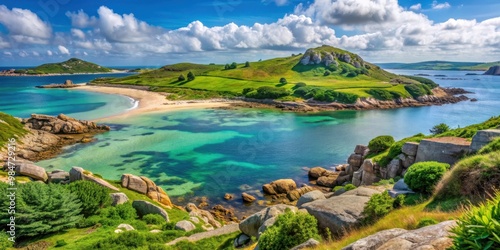 Lush greenery and rocky coastlines of Tresco island in Cornwall, England, Tresco, Isles of Scilly, Cornwall, England photo